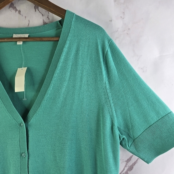 Talbots Cardigan Womens Large Green Short Sleeve Sweater Kelly Pockets - Picture 12 of 13